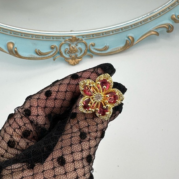 Anthropologie Blossom Gold Pink Floral Crystal Stainless Steel Adjustable Ring - Picture 8 of 17